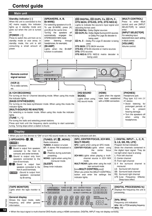 Page 1818
Operations
RQT7523
Control guide
• When you turn the dimmer to “ON” or turn HQ sound mode on, the following indicators will dim.
Main unit
Standby indicator [^] When the unit is connected to the
AC mains supply, this indicator
lights up in standby mode and
goes out when the unit is turned
on. 
[POWER 8] Press to switch the unit from on to
standby mode or vice versa. In
standby mode, the unit is still
consuming a small amount of
power.
[SPEAKERS, A, B, 
BI-WIRE] 
For selecting speakers A or B. 
To use...