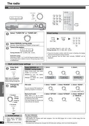 Page 2020
Operations
RQT7523
The radio
Manual tuning
Select “TUNER FM” or “TUNER AM”.Direct tuning
e.g. 107.9 MHz, Press [1] → [0] → [7] → [9] 
Tuning intervals: FM - 0.1 MHz, AM - 10 kHz
• If you do not press a button while the cursor is flashing, the display
returns to the frequency being received.
• If the frequency has not been input correctly, “ERROR” will be
displayed.
Select MANUAL tuning mode.(á below, “Select MANUAL or PRESET tuning mode”)
Tune to the station.
Tuning intervals: FM - 0.2 MHz, AM - 10...