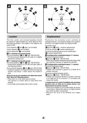 Page 22
Location
The front, center, and surround speakers should 
be placed at approximately the same distance from 
the listening position. The angles in the diagram are 
approximate.
Front speakers (± left, ≤ right: not included)
Center speaker (≥: not included)
Active subwoofer (¥: not included)
A 5.1-channel surround soundSurround speakers (μ left, ∂ right: SB-HS100A)
•  Put the surround speakers to the side of or slightly 
behind the seating area.
B 7.1-channel surround soundSurround speakers (μ left, ∂...