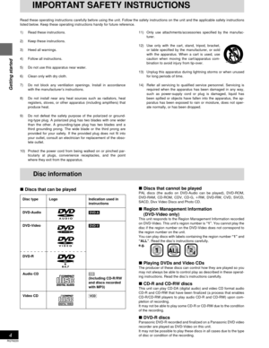 Page 4Getting started
RQT6220
4
Disc information
∫Discs that can be played∫Discs that cannot be playedPAL discs (the audio on DVD-Audio can be played), DVD-ROM,
DVD-RAM, CD-ROM, CDV, CD-G, iRW, DVD-RW, CVD, SVCD,
SACD, Divx Video Discs and Photo CD.
∫ Region Management Information
(DVD-Video only)
This unit responds to the Region Management Information recorded
on DVD-Video. This unit’s region number is “1”. You cannot play the
disc if the region number on the DVD-Video does not correspond to
the region number...