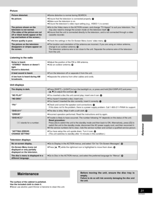 Page 3131
RQT6220
Reference
≥Some distortion is normal during SEARCH.
≥ Ensure that the television is connected properly.  7
≥ Make sure the television is on.
≥ Ensure the television ’s video input setting (e.g., VIDEO 1) is correct.
≥ Go to the Video menu in the ACTION screen, and change  “TV Aspect ” to suit your television. You
may also need to change the screen mode on the television itself.  9
≥ Ensure that the unit is connected directly to the television, and is not\
 connected through a video
cassette...