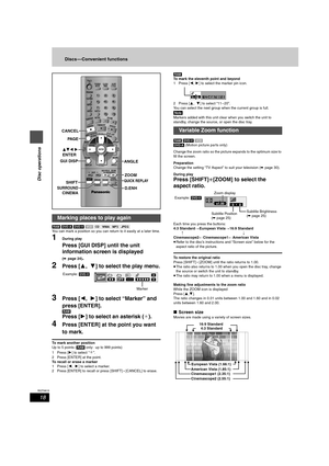 Page 1818
RQT6815
Disc operations
Discs —Convenient functions
[RAM] [DVD-A] [DVD-V] [VCD] [CD] [WMA] [MP3] [JPEG]
You can mark a position so you can return to it easily at a later time.
1During play
Press [GUI DISP] until the unit 
information screen is displayed
(➡ page 24).
2Press [3,  4] to select the play menu.
3Press [2,  1] to select “Marker” and 
press [ENTER].
[RAM]
Press [1] to select an asterisk (¢).
4Press [ENTER] at the point you want 
to mark.
To mark another position
Up to 5 points ([RAM] only: up...