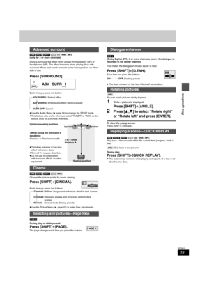 Page 1919
RQT6815
Disc operations
[RAM] [DVD-A] [DVD-V] [VCD] [CD] [WMA] [MP3] 
(only for 2 or more channels)
Enjoy a surround-like effect when using 2 front speakers (SP) or 
headphones (HP). The effect broadens when playing discs with 
surround effects and sound seems to come from speakers on either 
side of you.
Press [SURROUND].
Each time you press the button:
[#ADV SURR 1: Natural effect
lv
lADV SURR 2: Emphasized effect (factory preset)
lv
{=SURR OFF: Cancel
≥Use the Audio Menu (➡page 24) to change the...