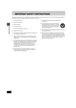 Page 44
RQT6815
Getting started
IMPORTANT SAFETY INSTRUCTIONS
Read these operating instructions carefully before using the unit. Follow the safety instructions on the unit and the applicable safety instructions 
listed below. Keep these operating instructions handy for future reference.
1) Read these instructions.
2) Keep these instructions.
3) Heed all warnings.
4) Follow all instructions.
5) Do not use this apparatus near water.
6) Clean only with dry cloth.
7) Do not block any ventilation openings. Install...