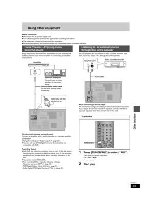 Page 3333
RQT6815
Other functions
Using other equipment
Before connection
≥Disconnect the AC power supply cord.
≥Turn off all equipment and read the appropriate operating instructions.
≥The equipment connections described are examples.
≥Peripheral equipment and optional cables sold separately unless otherwise indicated.
Enjoy the powerful movie theater and hall-like sound available with 
multiple channel audio found on DVDs by connecting an amplifier 
and speakers.
To enjoy multi-channel surround sound
Connect...