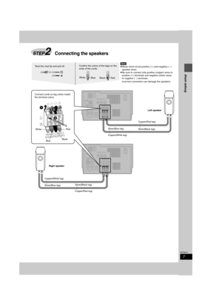 Page 77
RQT6815
Simple setup
STEP2Connecting the speakers
Twist the vinyl tip and pull off.Confirm the colors of the tags on the 
ends of the cords.
Red White
Blue
Black
AM ANT
COMPONENT VIDEO  OUTPRP
YBEXTOPTICAL
OUT
S-VIDEO
RR
LLAUXSUBWOOFEROUT
OUTVIDEOOUT
LOOP75≠
HIGH(6≠)
AC IN
SPEAKERS(SB-DP1)LOW(6≠)
FM ANT
AM ANT
COMPONENT VIDEO  OUTPRP
YBEXTOPTICAL
OUT
S-VIDEO
RR
LL
+--+
AUXSUBWOOFEROUT
OUTVIDEOOUT
LOOP75≠
HIGH(6≠)
AC IN
SPEAKERS(SB-DP1)LOW(6≠)
FM ANT
Copper(Red tag)
Copper(White tag)Silver(Black tag)...
