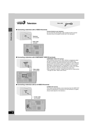 Page 88
RQT6815
Simple setup
∫Connecting a television with a VIDEO IN terminal
∫Connecting a television with COMPONENT VIDEO IN terminals
∫Connecting a television with an S-VIDEO IN terminal
STEP3TelevisionVideo cable
AM ANT
COMPONENT VIDEO  OUTPRP
YBEXTOPTICAL
OUT
S-VIDEO
RR
LLAUXSUBWOOFEROUT
OUTVIDEOOUT
LOOP75≠
HIGH(6≠)
AC IN
SPEAKERS(SB-DP1)LOW(6≠)
FM ANT
VIDEO
IN
VIDEOOUT
Connect directly to your television.
Do not connect the unit through a video cassette recorder, because 
the picture may not be played...