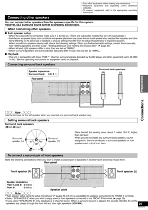 Page 2323
RQT8979
You can connect other speakers than the speakers specific for this system. 
However, ELS Surround sound cannot be properly played back.
nAuto speaker setup
• When the subwoofer is connected, make sure it is turned on. (There are subwoofer models that turn off automatically.)
•
Such factors as speaker types, room conditions and speaker placement may cause the unit to set speaker size, lowpass filter frequency and other
items differently for the same type of speakers or produce settings that...