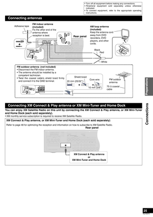 Page 2525
RQT8979
You can enjoy XM Satellite Radio on this unit by connecting the XM Connect & Play antenna, or XM Mini-Tuner
and Home Dock (each sold separately).
• XM monthly service subscription is required to receive XM Satellite Radio.
Connecting antennas
Connecting XM Connect & Play antenna or XM Mini-Tuner and Home Dock
XM Connect & Play antenna, or XM Mini-Tuner and Home Dock (each sold separately)
Refer to page 48 for optimizing the reception and information on how to subscribe to XM Satellite Radio....