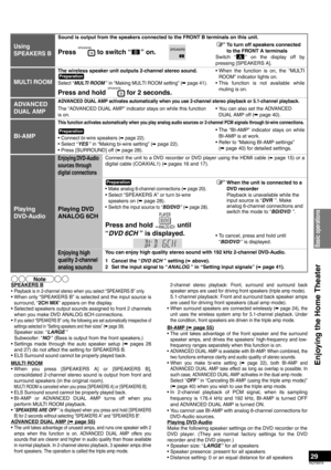 Page 2929
RQT8979
SPEAKERS B
• Playback is in 2-channel stereo when you select “SPEAKERS B” only.
• When only “SPEAKERS B” is selected and the input source is
surround, “2CH MIX” appears on the display.
• Selected speakers output sounds assigned to front 2 channels
when you make DVD ANALOG 6CH connections.
•
If you select “SPEAKERS B” only, the following are set automatically irrespective of
settings selected in “Setting speakers and their sizes” (
á page 39).
Speaker size: “LARGE ” 
Subwoofer: “NO ” (Bass is...