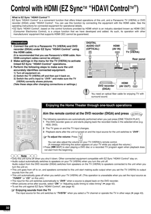 Page 3232
RQT8979
Control with HDMI (EZ Sync™ “HDAVI Control™”)
• Only this unit turns off when you shut it down. Other connected equipment compatible with EZ Sync “HDAVI Control” stay on.
• Audio output automatically switches to speakers on your TV (VIERA) when you turn the unit off.
Audio output from the DVD recorder (DIGA) switches from speakers on the TV (VIERA) to speakers connected to the unit when you
turn the unit on.
• This unit goes from off to on, and speakers connected to this unit start making...