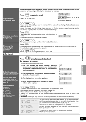 Page 3535
RQT8979
Adjusting the 
subwoofer level
You can adjust the output level while playing sources. You can adjust the level according to your
preference by thickening or thinning the ultra bass, for example.
Press   to select a level.
•Select “--- ” to stop output.
Adjustment range:
--- (off), MIN (minimum), 5, 10, 15, 20, 25,
MAX (maximum)
Factory setting: SUBW 20
• Sound can be distorted if you raise the volume while the subwoofer level is high. Reduce the subwoofer
level if this occurs.
• Adjust the...