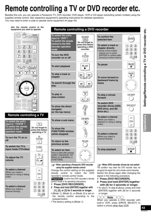 Page 4343
RQT8979
Remote controlling a TV or DVD recorder etc.
Besides this unit, you can operate a Panasonic TV, DVD recorder, DVD player, VCR or CD player (excluding certain models) using the
supplied remote control. See respective equipment’s operating instructions for detailed operations.
You may need to enter a code to operate some equipment (
á page 45).
Remote controlling a TV
To switch the unit’s 
input to “TV/STB ”/
To switch the remote 
control to the TV 
operation mode
Do not forget to 
press this...