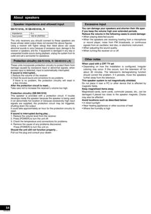 Page 5454
RQT8979
SB-FC1010L, R/ SB-HS1010L, R
The only receivers you should connect to these speakers are
those whose rated output does not exceed the above figures.
Using a receiver with higher ratings than listed above can cause
abnormal sounds to occur because of excessive input, damage to the
receiver or speakers, and fire. If equipment is damaged in any way or
unexpected trouble occurs during playback, unplug the system from its
outlet and call a servicenter for assistance.
These units incorporate...