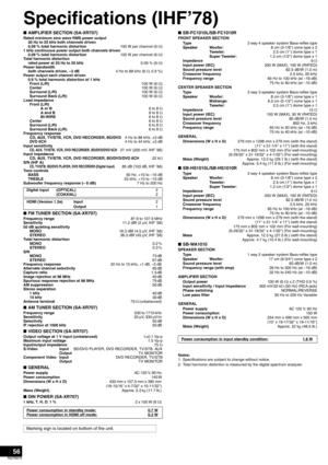 Page 5656
RQT8979
Specifications (IHF’78)
nAMPLIFIER SECTION (SA-XR707)Rated minimum sine wave RMS power output 
20 Hz to 20 kHz both channels driven 
0.09 % total harmonic distortion100 W per channel (6 Ω)
1 kHz continuous power output both channels driven 
0.09 % total harmonic distortion105 W per channel (6 Ω)
Total harmonic distortion 
rated power at 20 Hz to 20 kHz  0.09 % (6 Ω)
Power bandwidth
both channels driven, –3 dB4 Hz to 88 kHz (6 Ω, 0.9 %)
Power output each channel driven 
0.9 % total harmonic...