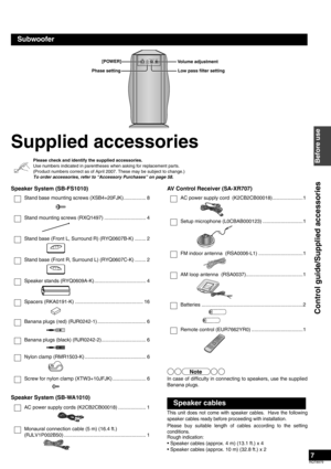 Page 77
RQT8979
Supplied accessories
Please check and identify the supplied accessories.
Use numbers indicated in parentheses when asking for replacement parts.
(Product numbers correct as of April 2007. These may be subject to change.)
To order accessories, refer to “Accessory Purchases” on page 58.
Speaker System (SB-FS1010)
Stand base mounting screws (XSB4+20FJK) ................ 8
Stand mounting screws (RXQ1497) .............................. 4
Stand base (Front L, Surround R) (RYQ0607B-K) ........ 2
Stand...