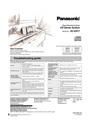 Page 11
Panasonic Consumer Electronics 
Company, Division of Panasonic 
Corporation of North America
One Panasonic Way Secaucus, 
New Jersey 07094
http://www.panasonic.com
© 2004 Matsushita Electric Industrial Co., Ltd.
Printed in China
Panasonic Puerto Rico, Inc.Ave. 65 de Infantería, Km. 9.5 
San Gabriel Industrial Park, Carolina, 
Puerto Rico 00985Panasonic Canada Inc.5770 Ambler Drive 
Mississauga, Ontario 
L4W 2T3
www.panasonic.ca 
For units with PX printed on the outer packaging
RQT7890-3P
M1104SM3035...