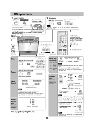 Page 33
CD operations
LIGHT
SLEEP
CLOCK/
TIMER ADJ
DISPLAY
TIMER
SET/CHECK
PGM/CLEAR
-AUTO PRESET
 OPEN/
CLOSE
123
4
56
78
09
>
=10
AUX
TUNER/
BANDCD
EXTRA
D.BASS SOUND
EQLIVEVIRTUALIZERPLAY
MODE
ALBUM
VOLVOL 
1Insert the CD.2Start play.
CDTrack number
Elapsed playing time of trackRemote control Main unit
CDq/h
g
Press again to resume play.
Press to skip/
Press and hold to search
Note
• You can search during play or while paused.
• You cannot search through MP3 files.
• You can only search within the current...