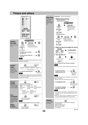 Page 55
Timers and others
LIGHT
SLEEP
CLOCK/
TIMER ADJ
DISPLAY
TIMER
SET/CHECK
PGM/CLEAR
-AUTO PRESET
 OPEN/
CLOSE
123
4
56
78
09
>
=10
AUX
TUNER/
BANDCD
EXTRA
D.BASS SOUND
EQLIVEVIRTUALIZERPLAY
MODE
ALBUM
VOLVOL 
Setting 
the time
This is a 12-hour 
clock.
• To display the clock when 
the unit is on
• To check the time when the 
unit is off
Note
The clock is accurate to within ±60 seconds a month.
Readjust if necessary.
Select the time
• Press and hold to 
change the time faster. Select 
“CLOCK”
CLOCK/TIMER...