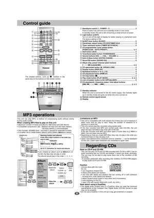 Page 66
Standby/on switch [^, POWER ^/l] ...................................................... 3
Press to switch the unit from on to standby mode or vice versa.
In standby mode, the unit is still consuming a small amount of power.
Light button [LIGHT]
Turn on and off the light of display for better viewing in a darkened room.
The factory setting is ON.
SLEEP timer button [SLEEP] ............................................................... 5
Clock/timer adjust button [CLOCK/TIMER ADJ]...