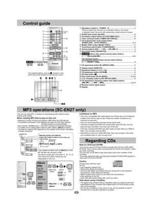 Page 66
SLEEPCLOCK/
TIMER ADJ
DISPLAY
TIMER
SET/CHECK
PGM/CLEAR-AUTO PRESET
 OPEN/
CLOSE
123
4
56
78
09
>
=10
MUSIC PORT
TUNER/
BANDCD
 SOUND
EQLIVEVIRTUALIZERPLAY
MODE
ALBUM
VOLVOL 
SC-EN25/SC-EN26SC-EN27PRESET TUNEu ALBUM i
001album
001track.mp3
002track.mp3003track.MP3
008track.MP3009track.MP3
002album
004track.mp3
005track.mp3004album
003album
006track.mp3
007track.MP3
CD-ROM drive
3
u ALBUM iPLAY
MODE
CDq/h
ALBUMALBUM
u ALBUM i
SLEEPCLOCK/
TIMER ADJ
DISPLAY
TIMER
SET/CHECKPGM/CLEAR-AUTO PRESET
 OPEN/...