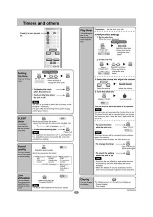 Page 5
5
SLEEP
CLOCK/
TIMER ADJ
DISPLAY
TIMER
SET/CHECK
PGM/CLEAR
-AUTO PRESET
 OPEN/
CLOSE
123
4 5 6
7 8
0 9
>
=10
MUSIC PORT
TUNER/
BANDCD
 SOUND EQ LIVEVIRTUALIZERPLAY
MODE
ALBUM
VOLVOL 
CLOCK/TIMER ADJui34CLOCK/TIMER ADJ
Within 10 seconds
CLOCK/TIMER ADJ
TIMERSET/CHECK
SLEEP
SLEEP
 SOUND EQEQ
LIVEVIRTUALIZER
CLOCK/TIMER ADJui34
Within 10 seconds
PLAYON
CLOCK/TIMER ADJui34CLOCK/TIMER ADJ
PLAYOFF
MUSIC PORT
TUNER/
BANDCDq /h4 VOLVOL 3
TIMERSET/CHECK
PLAY
TIMERSET/CHECK
TIMERSET/CHECK
TIMERSET/CHECK
 DISPLAY...