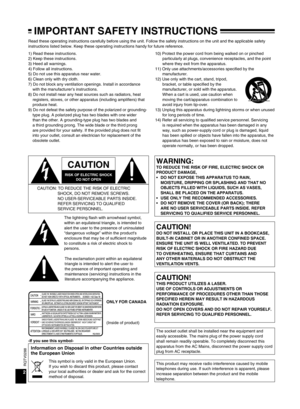 Page 2
2
RQTV0288

WARNING:TO REDUCE THE RISK OF FIRE, ELECTRIC SHOCK OR PRODUCT DAMAGE,DO NOT EXPOSE THIS APPARATUS TO RAIN, MOISTURE, DRIPPING OR SPLASHING AND THAT NO OBJECTS FILLED WITH LIQUIDS, SUCH AS VASES, SHALL BE PLACED ON THE APPARATUS.USE ONLY THE RECOMMENDED ACCESSORIES.DO NOT REMOVE THE COVER (OR BACK); THERE ARE NO USER SERVICEABLE PARTS INSIDE. REFER SERVICING TO QUALIFIED SERVICE PERSONNEL.
•
••
CAUTION!DO NOT INSTALL OR PLACE THIS UNIT IN A BOOKCASE, BUILT-IN CABINET OR IN ANOTHER CONFINED...