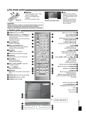 Page 3
3
RQTV0288

Control guide
[SLEEP] Sleep timer setting (8)
Standby/on switch [^], [8, POWER] (5, 8)Press to switch the unit from on to standby mode or vice versa.In standby mode, the unit is still consuming a small amount of power.
[CLOCK/TIMER] (8)Clock and Timer setting
[PGM, -AUTO PRESET] (5, 6)CD/MP3 Program, Tuner Preset (Manual)[Long press] Tuner Preset (Auto)
[CLEAR] (5)CD/MP3: Delete all programs
[DEL] Delete last programmed track (5)
[FM/AM] (6)Selector switch to Tuner for FM and AM
[iPod q/h]...