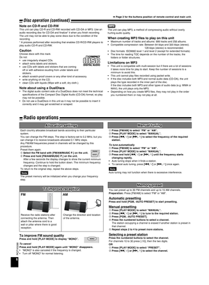 Page 6
6
RQTV0288

➡ Page 3 for the buttons position of remote control and main unit.
Remote controlMain unit
To pause track
To skip a track(During play/pause)
To search the current track(During play/pause)
press and holdpress and hold
When you select another source or turn the main unit off, the iPod turns off.
FMAM
Receive the radio stations after connecting the antenna. Then attach the antenna cord to a wall or pillar where there is good reception.
To improve FM sound qualityPress and hold [PLAY MODE] to...