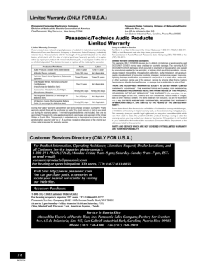 Page 14Timer operations
RQT6734
14
Panasonic/Technics Audio Products
Limited Warranty
Panasonic Consumer Electronics Company,
Division of Matsushita Electric Corporation of America
One Panasonic Way Secaucus, New Jersey 07094Panasonic Sales Company, Division of Matsushita Electric
of Puerto Rico, Inc.
Ave. 65 de Infantería, Km. 9.5
San Gabriel Industrial Park, Carolina, Puerto Rico 00985
Limited Warranty Coverage
If your product does not work properly because of a defect in materials or workmanship,
Panasonic...