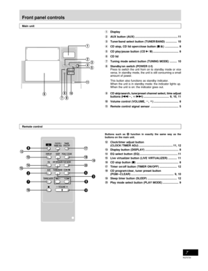 Page 7Before using
RQT6734
7
1Display
2AUX button (AUX)...................................................... 11
3Tuner/band select button (TUNER/BAND).............. 10
4CD stop, CD lid open/close button (L/c) ................. 8
5CD play/pause button ( CD :/ J) ................................ 8
6CD lid
7Tuning mode select button (TUNING MODE)......... 10
8Standby/on switch (POWER 
f ff f
f/I)
Press to switch the unit from on to standby mode or vice
versa. In standby mode, the unit is still consuming a small...