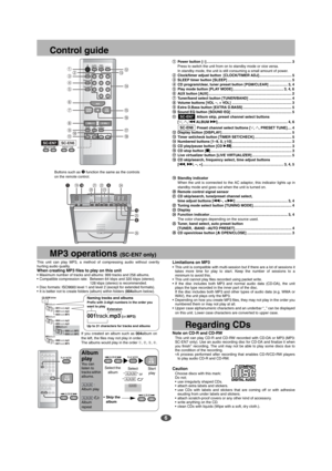 Page 66
Power button [^] .................................................................................... 3
Press to switch the unit from on to standby mode or vice versa.
In standby mode, the unit is still consuming a small amount of power.
Clock/timer adjust button [CLOCK/TIMER ADJ]................................ 5
SLEEP timer button [SLEEP] ............................................................... 5
CD program/clear, tuner preset button [PGM/CLEAR] .................. 3, 4
Play mode button...