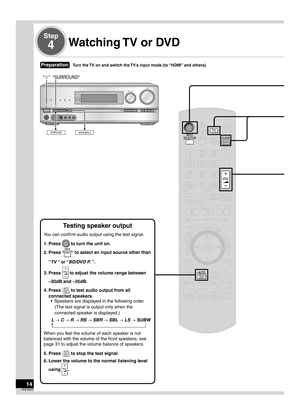 Page 1414RQT9223
Step
4Watching TV or DVD
ENTER
SUB MENU
S
TV/VIDEO
Testing speaker output
You can conﬁrm audio output using the test signal.
1. Press        to turn the unit on.
2.  Press           to select an input source other than “TV ” or “BD/DVD P. ”.
3.

  Press       
 to adjust the v
 olume range between  
–30dB and –35dB.
4.

  Press        
 to test audio output fr
 om all 
connected speakers. •  Speakers are displayed in the following order. 
(The test signal is output only when the 
connected...