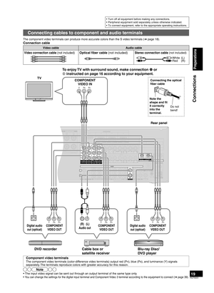 Page 1919RQT9223
Connecting cables to component and audio terminals
Note
• The input video signal can be sent out through an output terminal of the same type only.
•  You can change the settings for the digital input terminal and Component Video 3 terminal according to the equipment to connect (➔ page 39).
•  Turn off all equipment before making any connections.
•  Peripheral equipment sold separately unless otherwise indicated. 
•  To connect equipment, refer to the appropriate operating instructions.
The...