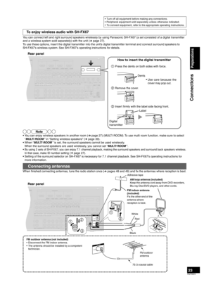 Page 2323RQT9223
•  Turn off all equipment before making any connections.
•  Peripheral equipment sold separately unless otherwise indicated. 
•  To connect equipment, refer to the appropriate operating instructions.
Connections
Preparations
To enjoy wireless audio with SH-FX67
You can connect left and right surround speakers wirelessly by using Panasonic SH-FX67 (a set consisted of a digital transmitter 
and a wireless system sold separately) with the unit (➔ page 27).
T

o use these options, insert the...