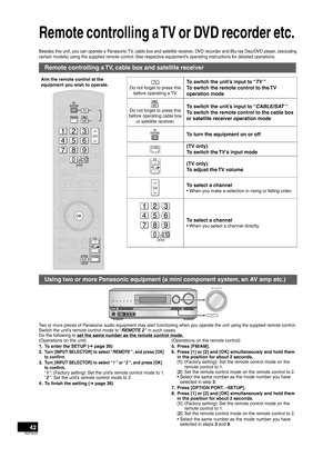 Page 4242RQT9223
Remote controlling a TV or DVD recorder etc.
ENTER
SUB MENUS
TV/VIDEO
Remote controlling a TV, cable box and satellite receiver
Do not forget to press this before operating a TV.
To switch the unit’s input to “TV ”
T
o switch the remote control to the TV 
operation mode
Do not forget to press this 
before operating cable box  or satellite receiver.To switch the unit’s input to “CABLE/SAT ”
T
o switch the remote control to the cable box 
or satellite receiver operation mode
T

o turn the...