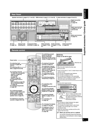 Page 77RQT9223
Rear Panel
Remote control
Batteries
Press on the tab to open.
•  Insert so the poles (( and 
)) match those in the 
remote control.
• 
Do not use rechargeable type batteries.
•  Do not heat or expose to ﬂame.
•  Do not leave the batteries in an automobile  exposed to direct sunlight for a long period of 
time with doors and windows closed.
Use
WIRELESS READYSURROUND     M.ROOM
INPUT SELECTORVOLUME
+
_DTS-HD MULTI CH
LPCM BI-AMP
AUXTUNE
RETURN
AUTO SPEAKER SETUP-SETUP OKSPEAKERS A
SPEAKERS B
S...
