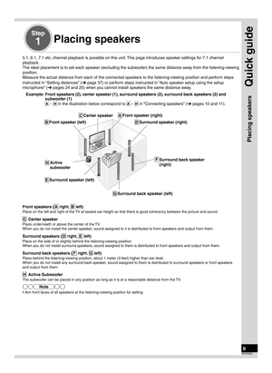 Page 9Quick guide
9RQT9223
Step
1Placing speakers
5.1, 6.1, 7.1 etc. channel playback is possible on this unit. This page introduces speaker settings for 7.1 channel 
playback.
The ideal placement is to set each speaker (excluding the subwoofer) the same distance away from the listening-viewing 
position.
Measure the actual distance from each of the connected speak
ers to the listening-viewing position and perform steps 
instructed in “Setting distances” (
➔ page 37) or perform steps instructed in “Auto...