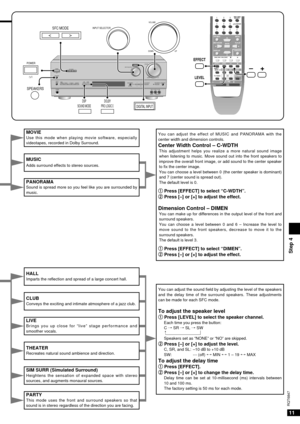 Page 1111
RQT6847
POWER
SFC MODE8INPUT SELECTORVOLUME
DOWN UP
SPEAKERS 
PHONESVCR 2VIDEO INL  AUDIO IN  R
DSPSOUND MODEDOLBYPRO LOGIC2  -H E L P–RESET -BAND
–FM MODEMEMORY PRESET2 TUNING 1DVD 6CH INPUTTAPE MONITOR+
–LRSUB WOOFERBASS/TREBLE
BALANCE
DIGITAL INPUTPOWER
8
SPEAKERS
INPUT SELECTOR
DIGITAL INPUTDSP
SOUND MODE
DOWN UPVOLUME
SFC MODE

DOLBY
PRO LOGIC2

yy
3 2 1
DISC/DECK 1/2SOUND MODESFC
TV
/VIDEO
VOLUMEMUTING
TEST
+ –
//
TOP MENU
ENTERMENU
DISPLAY
SUBWOOFER
EFFECT LEVEL+ –
6>
=10/ENTER5 4
90 8 7
DIRECT...