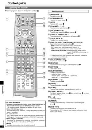 Page 1212
RQT6501
Control guide
q q
[RECEIVER ^]:Standby/on button !0
w
w
[SOUND MODE]:To select the sound modes !0
e
e
[SFC]:To select SFC modes !1
r
r
[CHANNEL, 1, 2]:To select preset radio channels !9
t
t
[1-0,>
=10/ENTER]:To enter radio frequencies !8and channels !9
y
y
[DIRECT TUNING/DISC]:To enable selection of radio stations by frequency !8
u
u
[L BALANCE R]:To adjust front speaker balance
i i
[DVD, TV, VCR, TUNER/BAND RECEIVER]:Input and remote control mode buttons !0.
DVD:to switch input and remote...