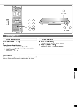 Page 1919
RQT6501
Selecting channels
Press [CHANNEL 1or 2].
or
Press the numbered buttons.
For channel 1 to 9, press the corresponding number.
For channels 10 or over, press [>
=10/ENTER], then the two digits.
e.g. To select channel 21: 
[>
=10/ENTER] / [2] / [1]
TUNE MODE
2TUNING1
SUBWOOFERSFC
DVD
TOP MENUMENU
TVVCR
RETURN
PAUSE STOP
SOUND MODECHANNEL VOLUME
PLAY
/SEARCHSKIP
DISPLAY
MUTING
ENTER
TEST
6 2
5 1
4
9 8 7
0
DIRECT TUNING/DISC10/ENTER
TONE
DELAY
LEVEL
L   BALANCE   R
TV VOL
3
DIGITALTUNER/
BANDINPUT...
