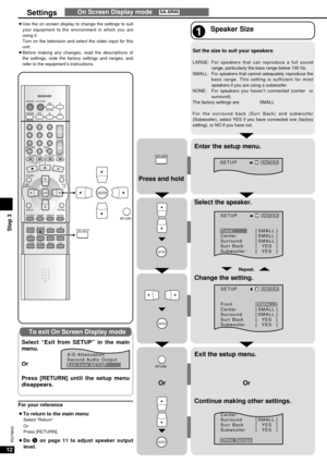 Page 1212
RQT6840
Settings
Step 3INPUT MODE
STEREO/
2CH MIXDOLBY
PRO LOGICNEO:6 SFC SLEEP
TONE/
BALANCELEVEL EFFECT
–/L+/R
ENTER
^^
DISC
RECEIVERAV SYSTEM RECEIVER
CD
VCRTUNER/BANDRECEIVER
CH
VOLUME
SKIP
–  TV VOL  +
TOP MENUMENU
DIRECT  NAVIGATOR
DISPLAY
DIMMERSUBWOOFERMUTING TV/VIDEORETURNPLAY
  LIST
SLOW / SEARCH
DIRECT TUNING
TAPE
1
23
7
0 89
10
4
56
>=
DVD
2CH / 6CH
TV
ENTER
gh uit yq
-TEST/–SETUP
ENTER
RETURN
-TEST/–SETUP
On Screen Display mode
¡Use the on screen display to change the settings to suit...