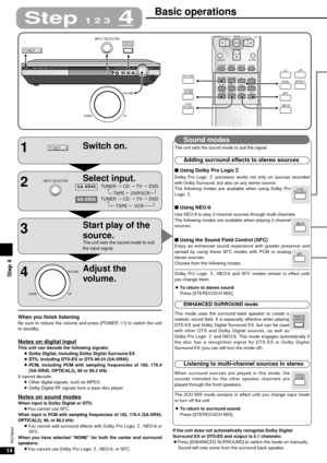 Page 14Using NEO:6
14
RQT6840
Switch on.
Select input.
Start play of the
source.
The unit sets the sound mode to suit
the input signal.
Adjust the
volume.
1
2
3
4
INPUT SELECTOR
POWER 8
DOWN UPVOLUME
POWER 8DTS DTS-ES NEO:6FM MODEINPUT SELECTORMEMORYVOLUME
PHONESDOWN UP
PRESETTUNE 2TUNE 1% DIGITAL% DIGITAL EX% PL2^DTS 96/24
POWER 8
INPUT SELECTOR
DOWN UPVOLUME
BANDMULTI-SOURCEDIGITAL RE-MASTERENHANCED
SURROUND
ENHANCED
SURROUND
Basic operations
Step 1 2 34
Step 4
INPUT MODE
STEREO/
2CH MIXDOLBY
PRO LOGICNEO:6...