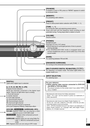 Page 17FM MODEINPUT SELECTORMEMORYVOLUME
PHONESDOWN UP
PRESETTUNE 2TUNE 1
BANDMULTI-SOURCEDIGITAL RE-MASTERENHANCED
SURROUND
17
RQT6840
Others
[PHONES]Headphone jack
Plug type: 6.3 mm (1/4) stereo
¡Avoid listening for prolonged periods of time to prevent
hearing damage.
¡The STEREO/2CH MIX mode is engaged when you
connect headphones and you cannot select any of the other
sound modes.
[VOLUME]Volume control.
[MEMORY]For presetting radio stations.
[INPUT SELECTOR]For selecting input.
[TUNE, 2, 1]For tuning the...