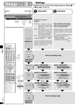 Page 1010
RQT6840
Enter the setting mode.
1
POWER 8
INPUT MODE
STEREO/
2CH MIXDOLBY
PRO LOGICNEO:6 SFC SLEEP
TONE/
BALANCELEVEL EFFECT
–/L+/R
ENTER
^^
DISC
RECEIVERAV SYSTEM RECEIVER
CD
VCRTUNER/BANDRECEIVER
CH
VOLUME
SKIP
–  TV VOL  +
TOP MENUMENU
DIRECT  NAVIGATOR
DISPLAY
DIMMERSUBWOOFERMUTING TV/VIDEORETURNPLAY
  LIST
SLOW / SEARCH
DIRECT TUNING
TAPE
1
23
7
0 89
10
4
56
>=
DVD
2CH / 6CH
TV
ENTER
gh uit yq
-TEST/–SETUP
LEVEL
TEST
–/L+/R
-TEST/–SETUP
VOLUME
SA-XR25 SA-XR45
POWER 8DTS DTS-ES NEO:6FM MODEINPUT...