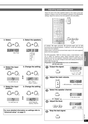 Page 1111
Step 3
RQT7487
Adjusting speaker output level
Adjust the level of the other speakers based on the output of the front
speakers. (Output is only from the speakers selected in the SPEAKERS
settings. Adjust the volume of the front speakers with [VOLUME].) 
2. Select. 3. Select the speakers.
C (center), RS (right surround), SB (surround back) and LS (left
surround) can be adjusted between –10 dB and +10 dB, with 0 being the
level of the front speakers. 
Adjust center, surround and surround back output to...