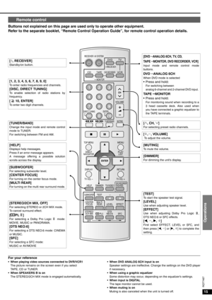 Page 1515
Operations
RQT7487
Buttons not explained on this page are used only to operate other equipment.
Refer to the separate booklet, “Remote Control Operation Guide”, for remote control operation details.
For your reference• When playing video sources connected to DVR/VCR1
The picture remains on the screen even if you select
TAPE, CD or TUNER.
• When SPEAKERS B is on
The STEREO/2CH MIX mode is engaged automatically.• When DVD ANALOG 6CH input is on 
Speaker settings are ineffective. Change the settings on...