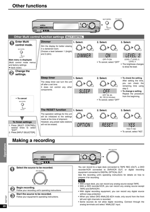 Page 2020
Operations
RQT7487
Other functions
Making a recording
Other Multi control function settings 
Enter Multi 
control mode.Dimmer1. Select. 2. Select.
• To cancel, select “OFF”
3. Select.
.
• The brightness changes
to show the level. Dim the display for better viewing
in a darkened room.
Choose a level between 1 (bright)
and 3 (dim). 
Main menu is displayed.
(Multi control mode menus
and factory settings
á back cover)
Change the 
settings.
Sleep timer1. Select. 2. Select.
• To cancel, select “OFF”• To...