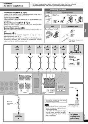 Page 55
Step 1
RQT7487
UTPR
IN
DVR/VCR1YP
BPR
YPBPR
TV IN
DVD IN
COMPONENT VIDEOFRONT BCENTER SURROUND
SPEAKERS (6∼8Ω) HAUT-PARLEURS
AC IN∼RL
FRONT A
Class 2 Wiring
RLRLBACK
Connecting speakers
Front speakers (left  right)Place on the left and right of the TV at seated ear height so that there is
good coherency between the picture and sound.
Center speaker () Place underneath or above the center of the TV. Aim the speaker at the
seating area. 
Surround speakers ( left  right)Place on the side of or...