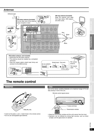 Page 1111
Connections
RQT7994
Settings
Basic Operations
Before use
Operations
Reference
Antennas
The remote control
BatteriesUse
• Insert so the poles (+ and –) match those in the remote control.
• Do not use rechargeable type batteries.Aim at the sensor, avoiding obstacles, at a maximum range of 7m (23
feet) directly in front of the unit.
• Keep the transmission window and the unit’s sensor free from dust.
• Operation can be affected by strong light sources, such as direct
sunlight, and the glass doors on...